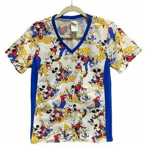 Disney‎ Womens Scrub Mickey Mouse Goofy Donald Duck Pluto V-neck Pockets Size S